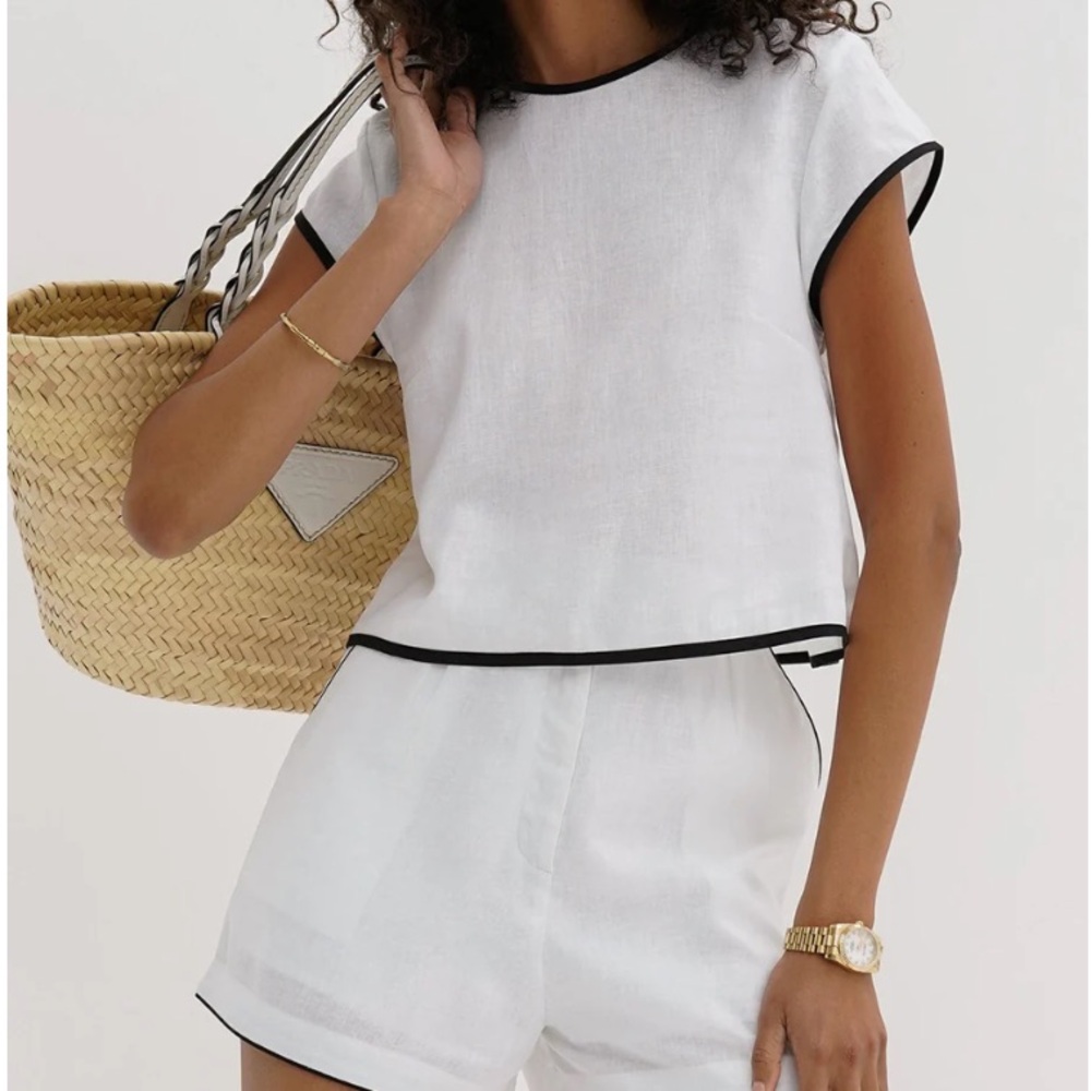 Chic White Top and Shorts with Black Trim